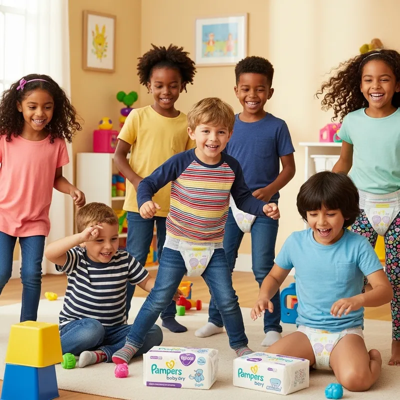 Adorable 9-Year-Old Children in Pampers Baby Dry Diapers