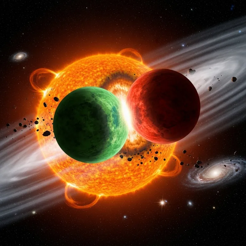 Interstellar Collision of Green and Red Planets in Twin Star System