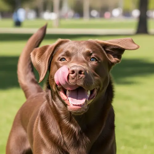 Fluffy Chocolate Labrador Retriever: Joyful Moment in Sunny Park
