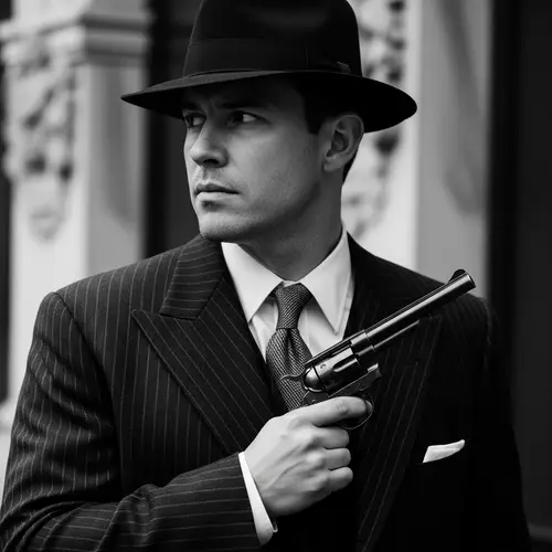 Vintage 1930s-inspired Black and White Portrait with Guy Holding Classic Gun
