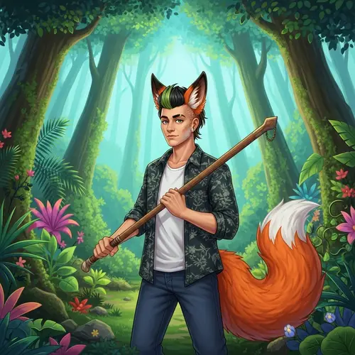 Exotic Fox Man in Vibrant Tropical Forest