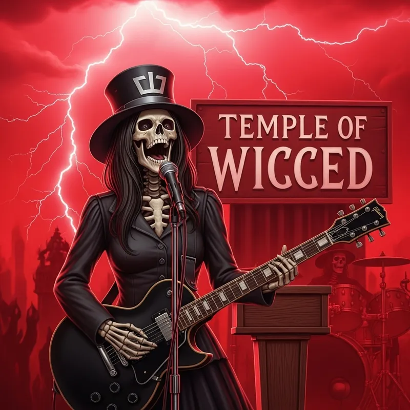 Fierce Female Skeleton Preacher Rocks Black Guitar at Temple of Wicced