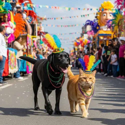 Colorful Carnival Scene with Labrador Retriever and Tabby Cat
