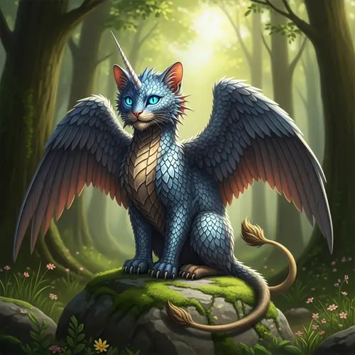 Unique Creature with Shimmering Scales, Bird Wings, and Lion Tail