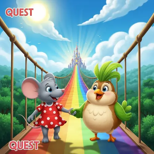 Joyful Cartoon Mouse and Cheerful Bird Adventure Across Rainbow Bridge