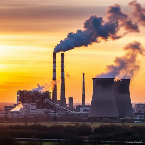 Realistic Sunset Industrial Landscape Photo with Factory Chimneys