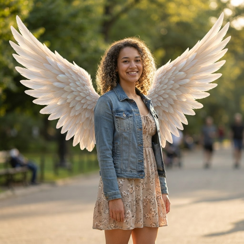 AI photo edit adding realistic angel wings to a portrait