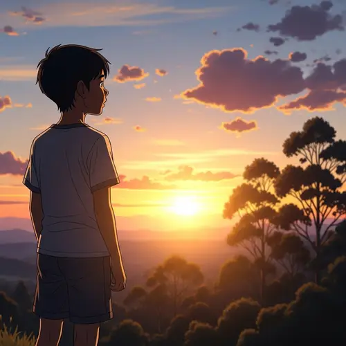 Tranquil Sunset Scene with South Asian Boy