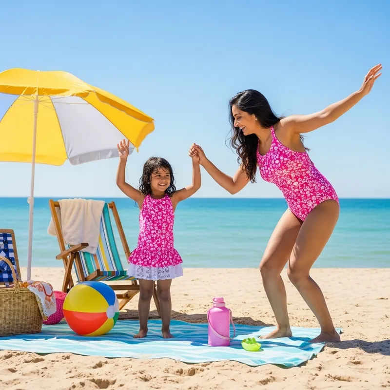 Vibrant Mother-Daughter Beach Vacation: Sunny Moments in Matching Swimsuits