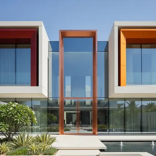 Ultra-Modern Villa Facade with Glass & Copper Pivot Door in Dubai
