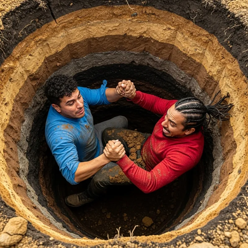 2 Men Falling Together in Hole, Supporting Each Other