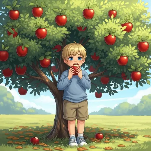 Young Boy Eating Apple by Lush Apple Tree | Illustration Images