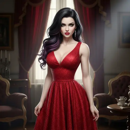 Caucasian Woman with Black Hair and Pale Skin in Scarlet Red Dress