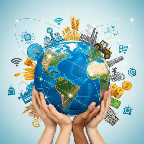 Globalization Illustration with Diverse Hands and Industry Symbols