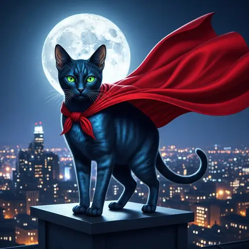 Mysterious Superhero Cat with Glowing Green Eyes and Midnight Blue Fur