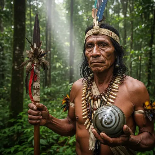 Ecuadorian Man Holding Spear and Round Artifact