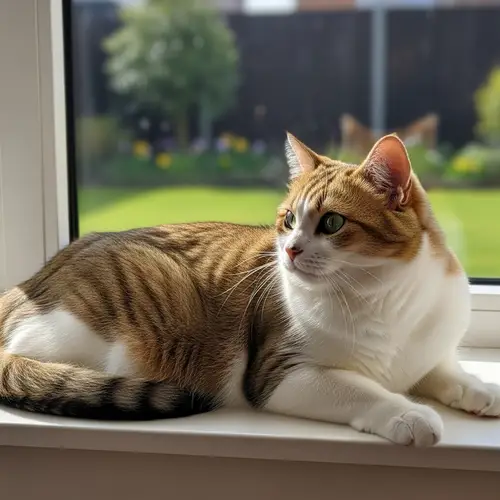 Golden and White Fluffy Cat Basking in Sunlight on Window Sill