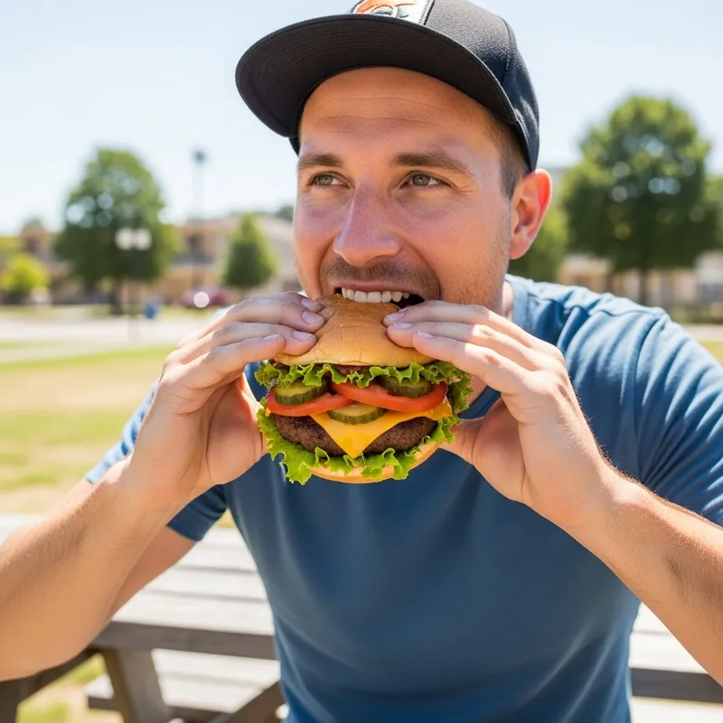 Man Eating Burger Outdoors | Picnic spot Man Eating Burger Outdoors | Picnic spot