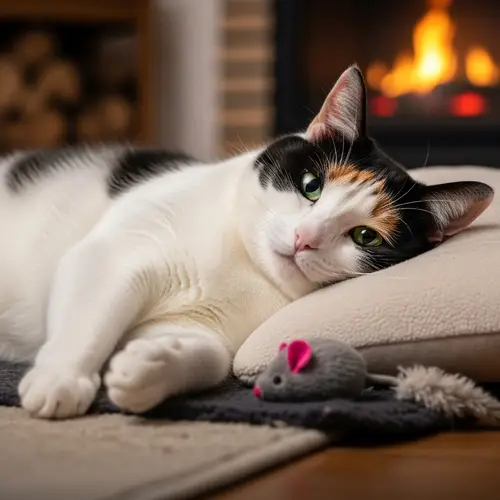 Cozy Domestic Cat with Colorful Fur in a Warm Room Setting