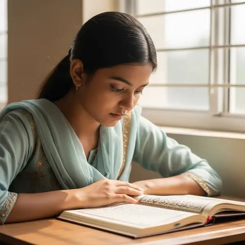 Young South Asian Female Student Reading Holy Quran