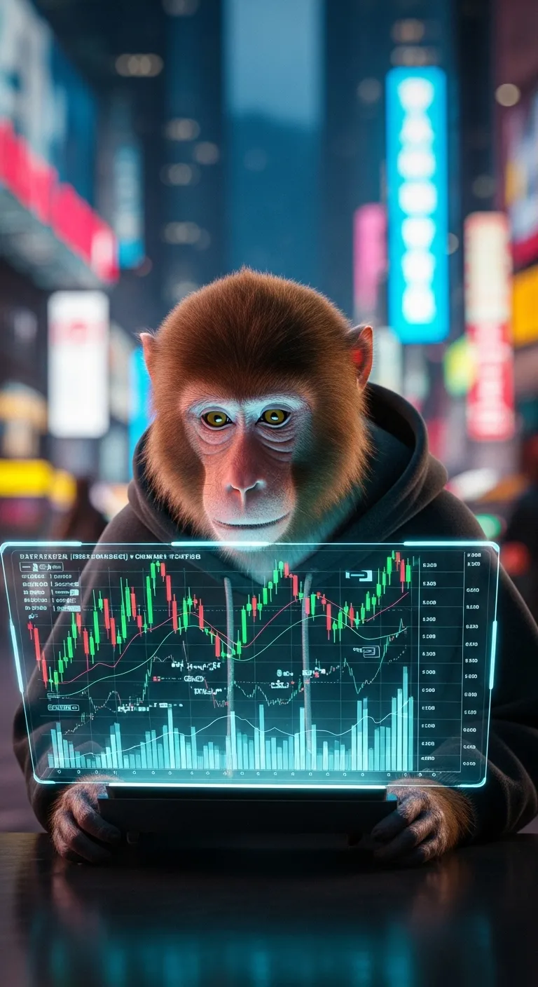 Monkey in Black Hoodie Observing Trading Charts in Urban Neon Setting Monkey in Black Hoodie Observing Trading Charts in Urban Neon Setting