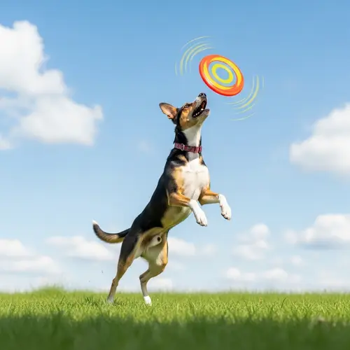 Playful Dog Catching Frisbee: Energetic Outdoor Scene
