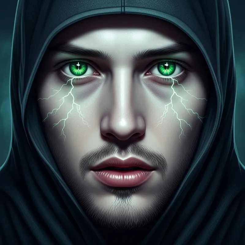 Ghostly Man with Fiery Green Eyes, Thunderous Gaze, and Pale Red Lips
