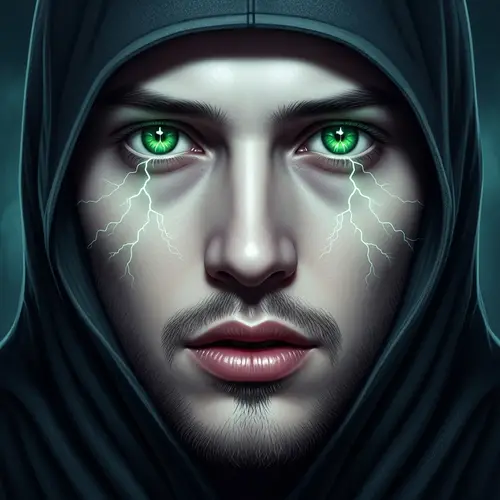 Male Ghost with Striking Green Eyes and Lightning Gaze