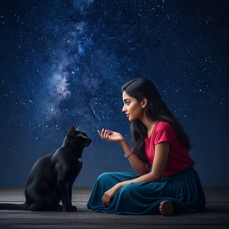 Captivating Scene: Girl with Black Cat under Starry Sky