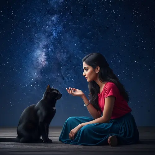 Enchanting Scene: Girl with Black Cat under Starry Night Sky