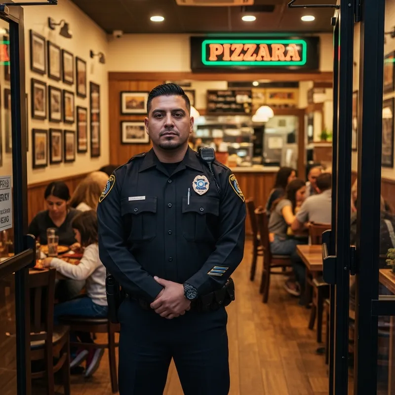 Hispanic Security Guard at Bustling Pizzeria