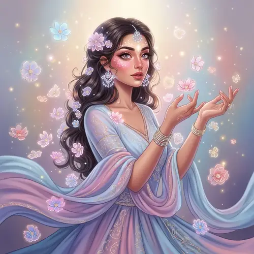 Ethereal South Asian Woman in Flowing Gown Surrounded by Flowers