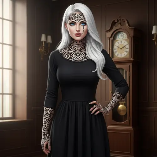 Unique Woman with White Hair and Clock Hand-shaped Eye