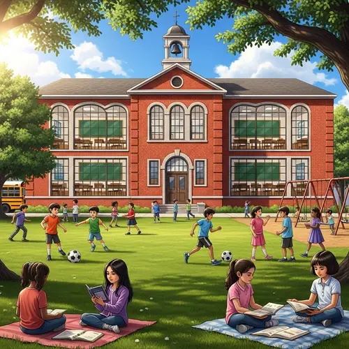 Diverse School Environment with Brick Building and Playground