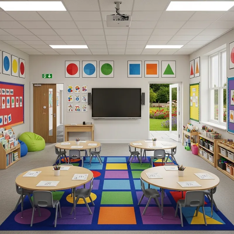 Interactive Classroom Design with Smart Board, Garden Access, and Shapes