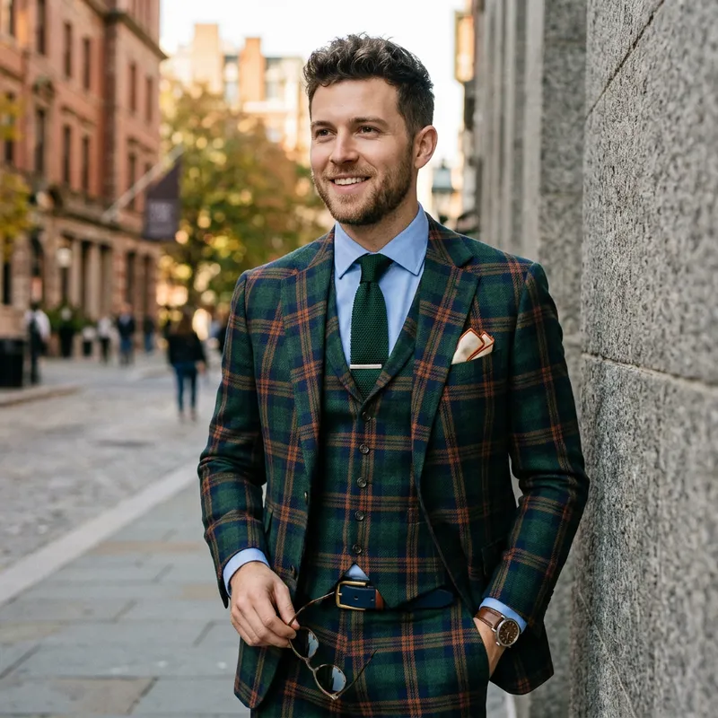 Stylish Dapper Suit: Bold Plaid Model Showcase Stylish Dapper Suit: Bold Plaid Model Showcase