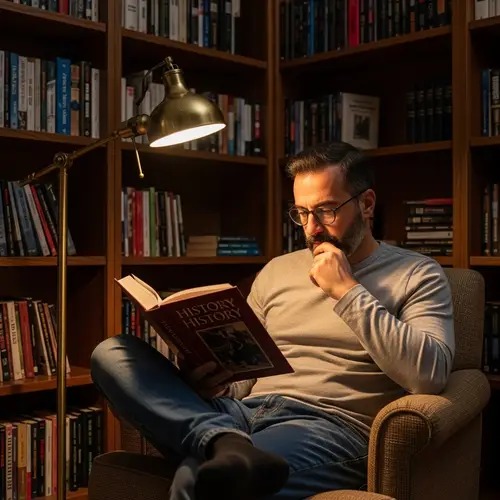 Tranquil Home Library: Middle-Eastern Man Reading History Book
