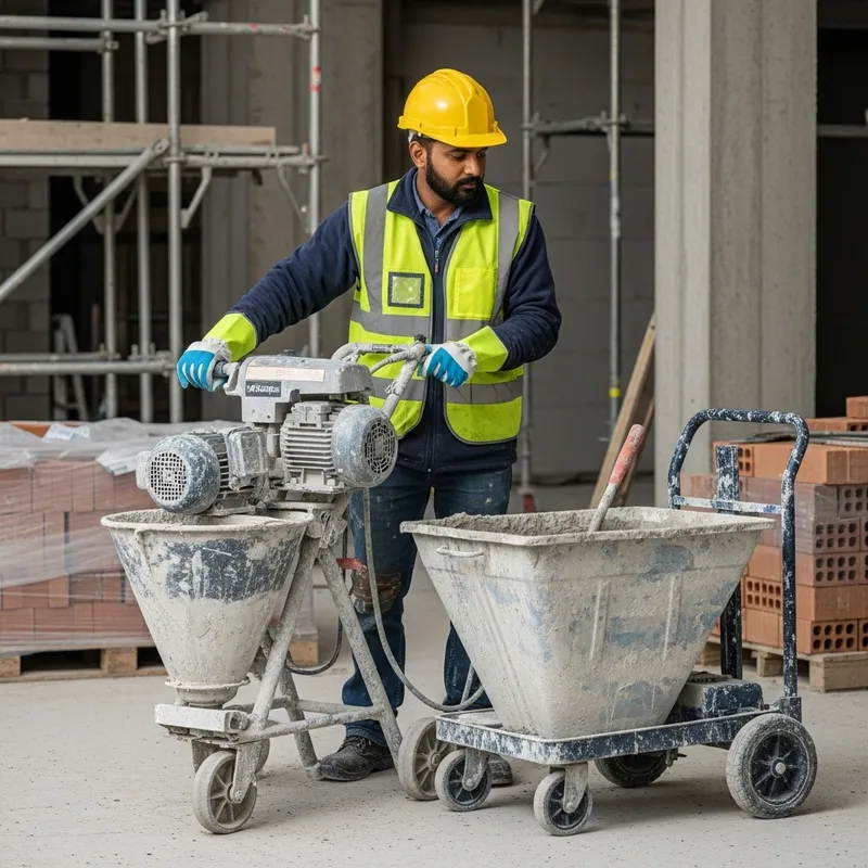 South Asian Worker Plastering with Mechanized Equipment