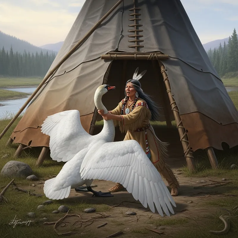 Native American Woman Fights Giant Swan at Wigwam with Forest Backdrop