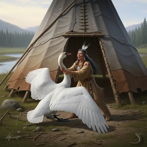 Native American Woman vs. Giant Swan Battle in Pine Forest