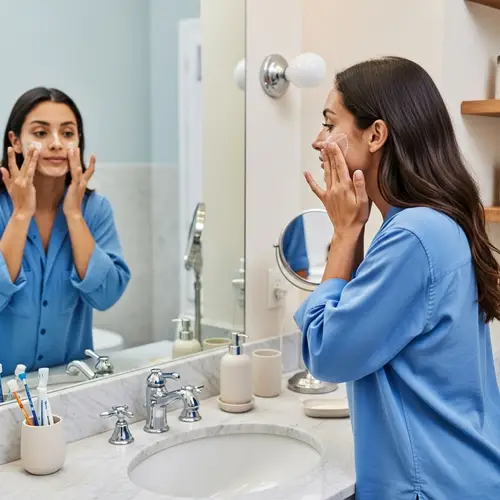 Hispanic Woman Applying Facial Cream in Bathroom