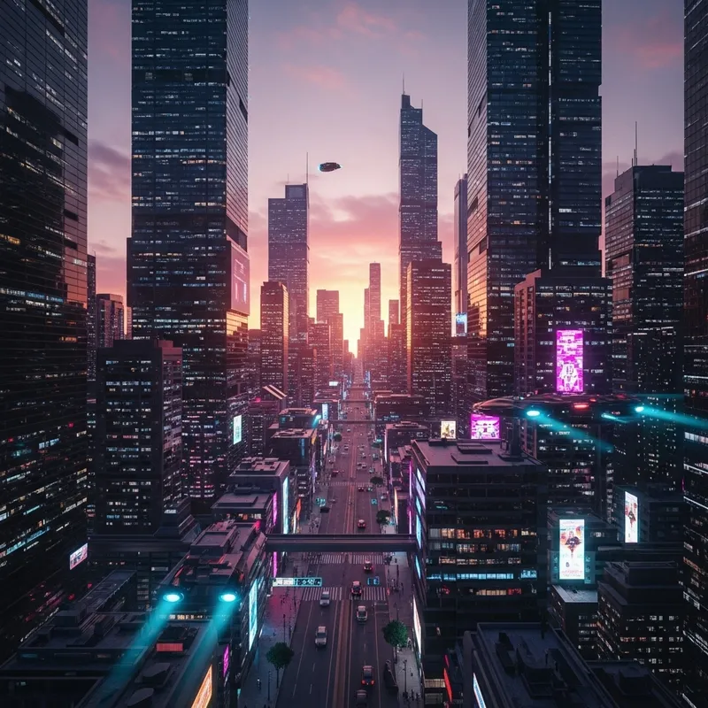 Neon Cyberpunk Cityscape - Vibrant Sunset Megapolis Neon Cyberpunk Cityscape - Vibrant Sunset Megapolis