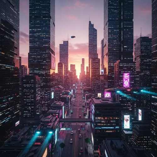 Futuristic Sunset Cityscape - Cyberpunk-Inspired Metropolis