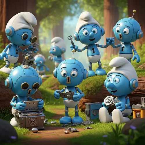 Futuristic Robot Miniatures in Enchanted Forest Scene