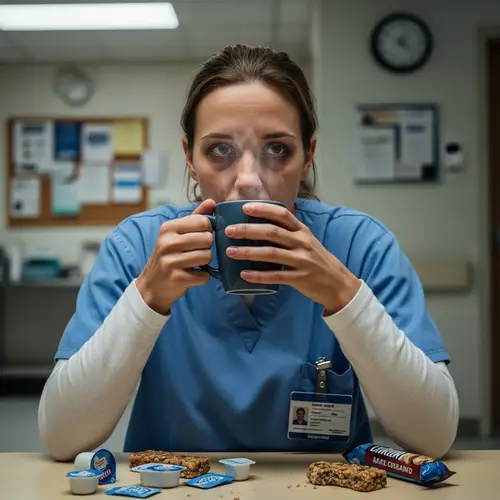 Exhausted Caucasian Female Hospital Employee Coffee Break