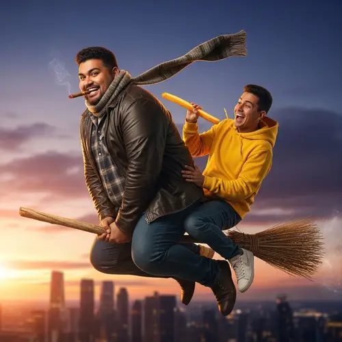 Joyful South Asian Man on Broomstick with Mischief and Playfulness