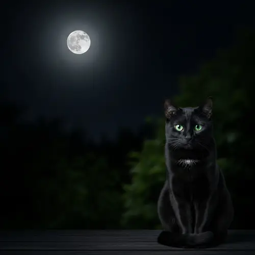 Serene Night Scene with Full Moon and Mysterious Black Cat