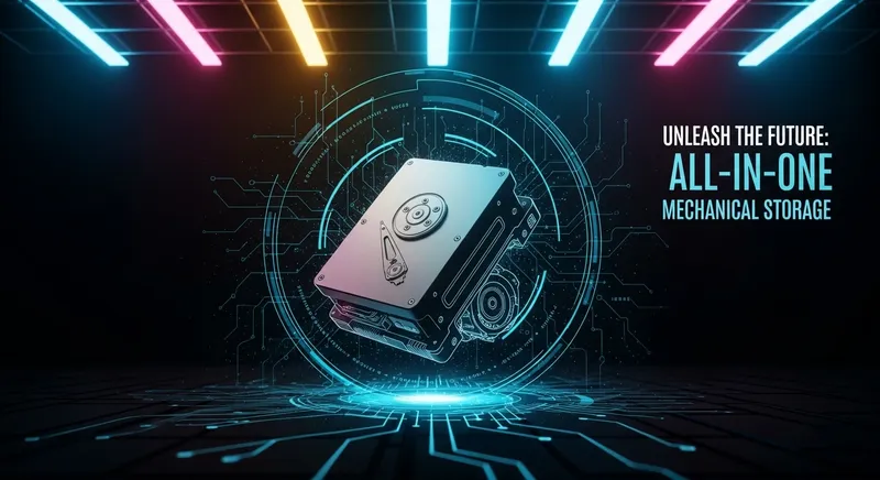 Captivating Cyberpunk Poster: Suspended Mechanical Hard Disk & Neon Lights