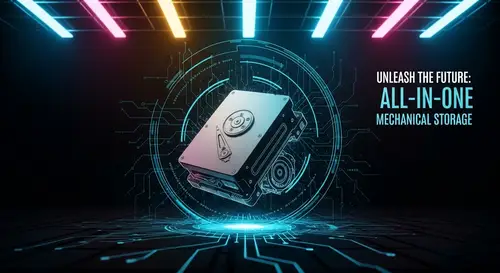 Futuristic Cyberpunk Poster with Mechanical Hard Disk in Virtual Cyberspace