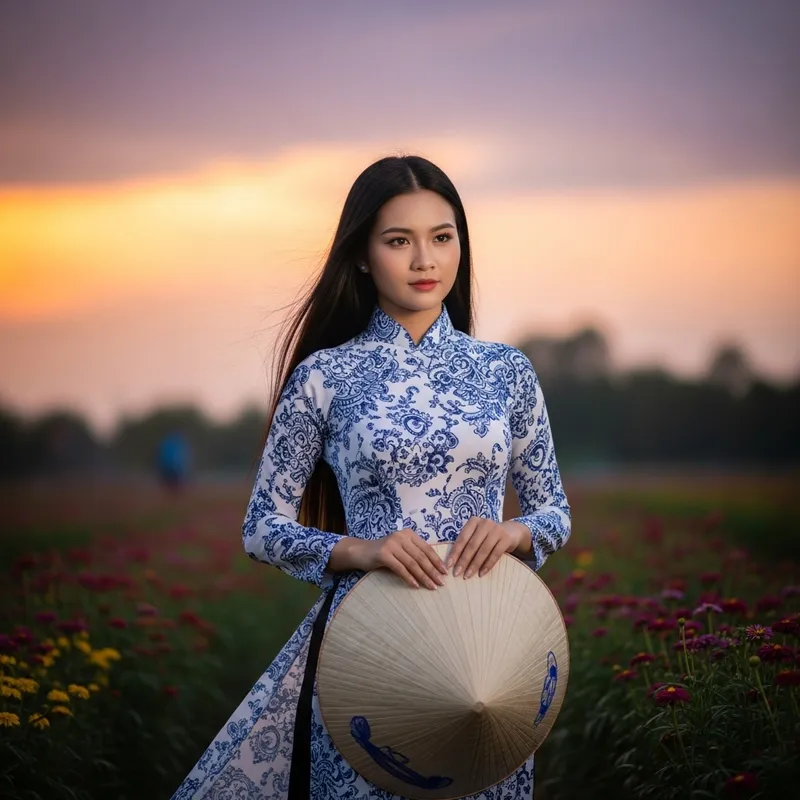 Girl in Traditional Vietnamese Dress at Sunset Garden